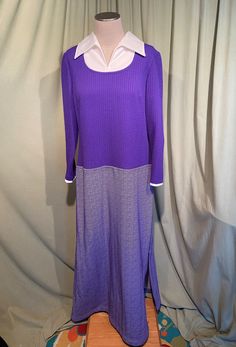 "This is a cute vintage dress from the 70s. Label reads, \"Bellfry by Gerald Pierce\". No size tag. The bust measures 40\", waist 38\", hip 36\", see measurements below. Made of a purple & white polyester with a seersucker type texture at the top texture, and a tweed weave on the skirt. The dress is not lined. It is long sleeve with a white accent at the neckline & sleeve cuffs, giving the illusion of a shirt underneath. It is a maxi dress with a seersucker style texture on the top & Retro Winter Day Dresses, Retro Winter Daywear Dresses, Fitted Long Retro Dress, Retro Long Sleeve Day Dresses, Retro Long Sleeve Daywear Dresses, Seventies Fashion, Herringbone Tweed, Pleated Bodice, Sleeve Maxi Dress