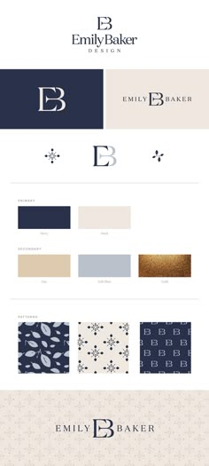 the brand identity is shown in several different colors and styles, including blue, beige, white