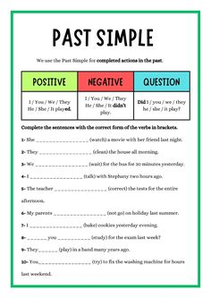 the past simple worksheet for students to practice their writing and spelling skills in english