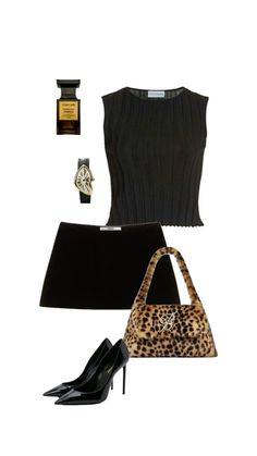 a woman's outfit with leopard print purse and high heels