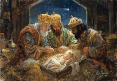 a painting of two men and a baby in a manger scene