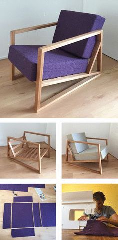 four different pictures show the process of making a chair with wood frame and purple upholster