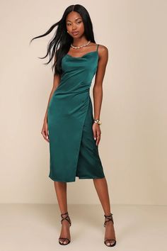 Sleek Forest Green Dress - Satin Dress - Midi Dress - Dress - Lulus Floral Tea Length Dress, Forest Green Dresses, Hollywood Dress, Tea Length Dresses, Dress Satin, Satin Midi Dress, Green Satin, Tea Length, Midi Dress Sleeveless