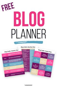 the free blog planner for bloggers is shown in pink, blue and purple colors