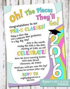 a colorful graduation party card with the words congratulations and an image of a graduate's cap