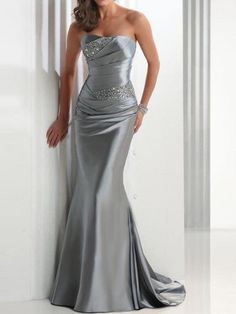 Mermaid Dress Elegant Red Green Wedding Guest Formal Evening Dress Strapless Sleeveless Sweep / Brush Train Satin with Crystals  dress to impress 2024 2024 - $130.99 Silver Prom Dress, Silver Evening Dress, Black Bridesmaid, Ruffle Beading, Strapless Evening Dress, Satin Evening Dresses, Chanel Couture, Evening Gowns Elegant, Satin Prom Dress