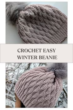 the crochet easy winter beanie is shown in two different colors and sizes