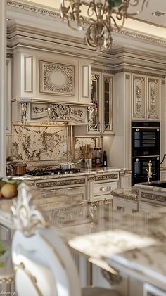 an elegant kitchen with white cabinets and marble counter tops, chandelier hanging from the ceiling