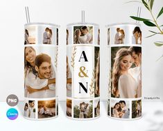 three personalized candles with photos on them and the words aa & n in white