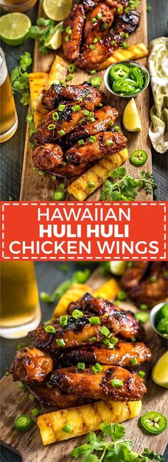 hawaiian chicken wings on a cutting board with limes