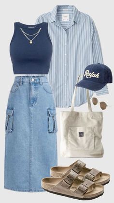 Soft Summer Season Outfits, Blue Themed Outfits Casual, Outfit Ideas Short Sleeve, Summer Cool Tone Outfit, Aesthetic Summer Outfits Modest, Light Summer Outfit Ideas, Styling Shirts Women, 50% Off, Blue Dress Outfit Casual