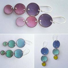 Sweet dangle earrings in choice of beautiful enamel colors of purple to pink, aqua to light blue and Peacock blue to yellow green. The graduated colors and sizes make these really fun little earrings. Lots of movement! Entirely created by me the earrings are vitreous enameled copper and sterling silver. Each pair is individually made with love and care. They measure approx 3 FREE Shipping Enameled Earrings, Little Earrings, Sweet Earrings, Enameled Copper, Enamels, Peacock Blue