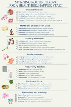 Ready to transform your mornings into something magical? Consider incorporating these ideas into your routine to energize and enhance the start of your day. From soothing skincare rituals and energizing exercises to nourishing meal ideas and mindfulness practices, we offer a sprinkle of inspiration for everyone. Dive into these creative and practical suggestions without giving away all the secrets, and kick off every day feeling refreshed, motivated, and absolutely radiant! Wellbeing Checklist, Starting Healthy Lifestyle, Morning Routine Ideas, Self Care Bullet Journal, Routine Ideas, Mental Health And Wellbeing, Get My Life Together, Life Improvement, Mental And Emotional Health