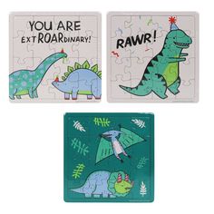 three dinosaur puzzles with the words you are extraordinary and rawr written on them