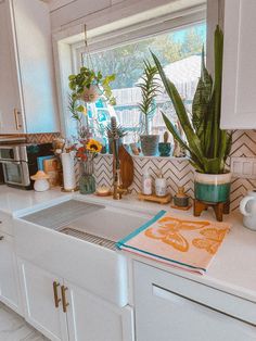 a kitchen with white cabinets and plants on the window sill in front of the sink