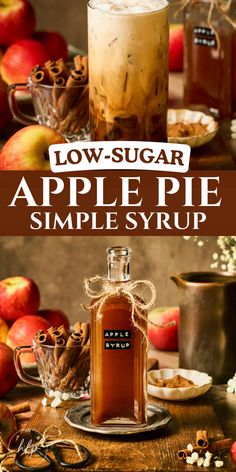 This is a pinterest pin for my low-sugar apple pie simple syrup. There is syrup in a jar with a label that says 'Apple Syrup' There is also a photo of an apple coffee latte Carmel Apple Simple Syrup, Apple Spice Syrup, Apple Syrup Recipe For Coffee, How To Make Apple Syrup, Apple Cider Simple Syrup, Homemade Syrups For Cocktails, Walnut Syrup Recipe, Apple Crisp Syrup, Dutch Honey Syrup