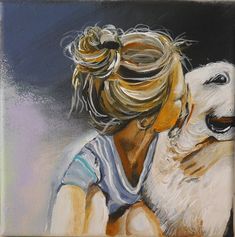 a painting of a woman holding a dog