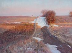 an oil painting of a dirt road with snow on the ground