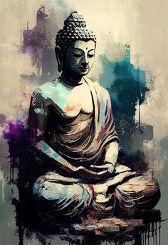 a painting of a buddha statue sitting on top of a table