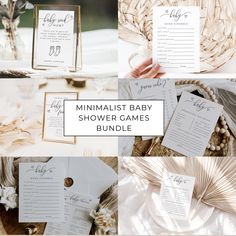 the minimalist baby shower games bundle includes cards, envelopes, and other items