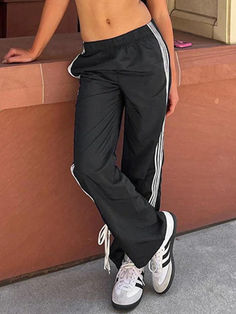 Low Rise Piping Detail Wide Leg Pants - AnotherChill Low Rise Adidas Pants, Preppy Fabric, Wide Leg Pants Black, 90s Y2k Fashion, Street Punk, Punk Vintage, Y2k Aesthetic Outfits, Pants Loose, Clothing Stores