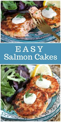 salmon cakes on a plate with lettuce, lemon wedges and sour cream