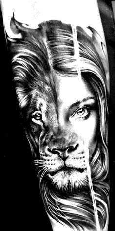 a black and white drawing of a woman with a lion's head on her face