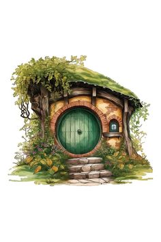 an illustration of a hobbot house in the woods