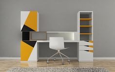 a white desk sitting in front of a yellow and black book shelf on top of a hard wood floor