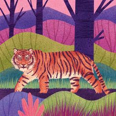 a painting of a tiger walking through the woods