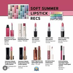 Lipsticks For Soft Summer, Soft Summer Makeup Lipsticks, Soft Summer Lipstick Palette, Shaded Soft Summer Color Palette, True Summer Makeup Products, Summer Palette Makeup, True Summer Lipstick Colors, Muted Summer Makeup, Cool Summer Lipstick Colors