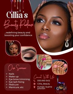 a flyer for a beauty salon with photos and text