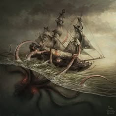 an octopus attacking a pirate ship in the ocean with it's tentacles stretched out