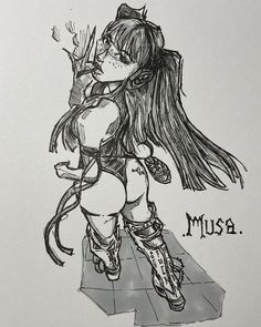 a drawing of a girl with long hair and boots