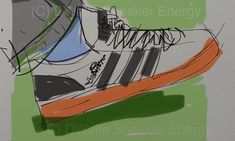 a drawing of a pair of sneakers on top of a green and white background with the words sneaker energy written below it