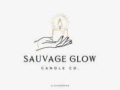 a candle logo with the words sauvage glow in gold and black on a white background