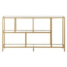 a gold shelf with three shelves on each side