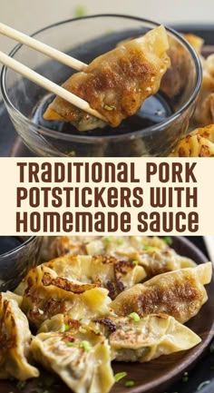 traditional pork potstickers with homemade sauce on a plate and in a glass bowl