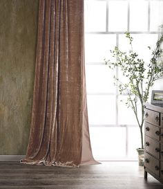 a room with a large window and a plant in the corner next to an old dresser