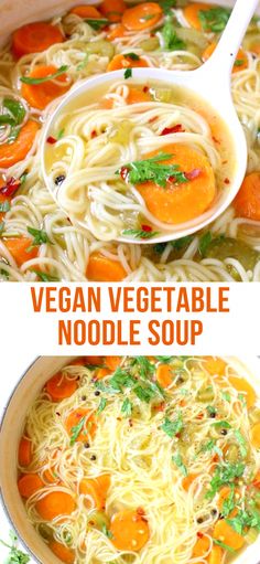 two pictures showing different types of vegetable noodle soup