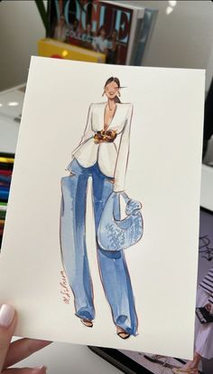 a drawing of a woman in blue jeans and a white shirt holding a handbag