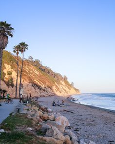 the beach is lined with palm trees and rocks