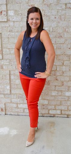 Kut From The Kloth Siena Cropped Pant | @stitchfix #stitchfix | www.cottentales.com Navy Shirt Outfit, Red Pants Outfit, Denim Shirt Outfit, Wear Red, Stitch Fix Stylist, Red Pants, Navy Shirt, Wearing Red, Black Skinnies