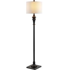 a floor lamp with a white shade on it's side and a black base