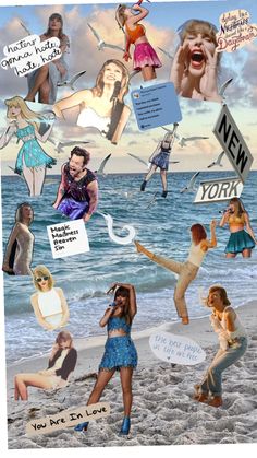 a collage of people on the beach with signs and pictures above them that say new york