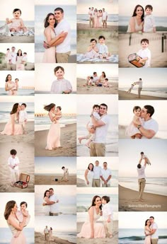 a collage of people standing on the beach with their arms around each other and posing for pictures