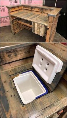 two pictures of an old wooden table with a cooler on top and the bottom one is empty