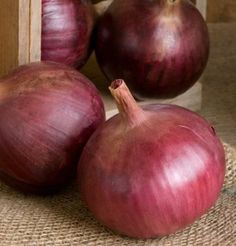 three onions sitting next to each other on a table