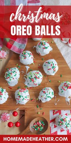 christmas oreo balls with white frosting and sprinkles on a cutting board