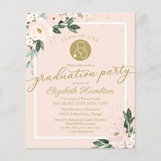 a pink graduation party card with gold foil and flowers